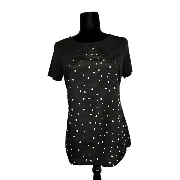 Worthington Black Lace Blocked Blouse With White Dots, Small, Pre-owned - Picture 1 of 6
